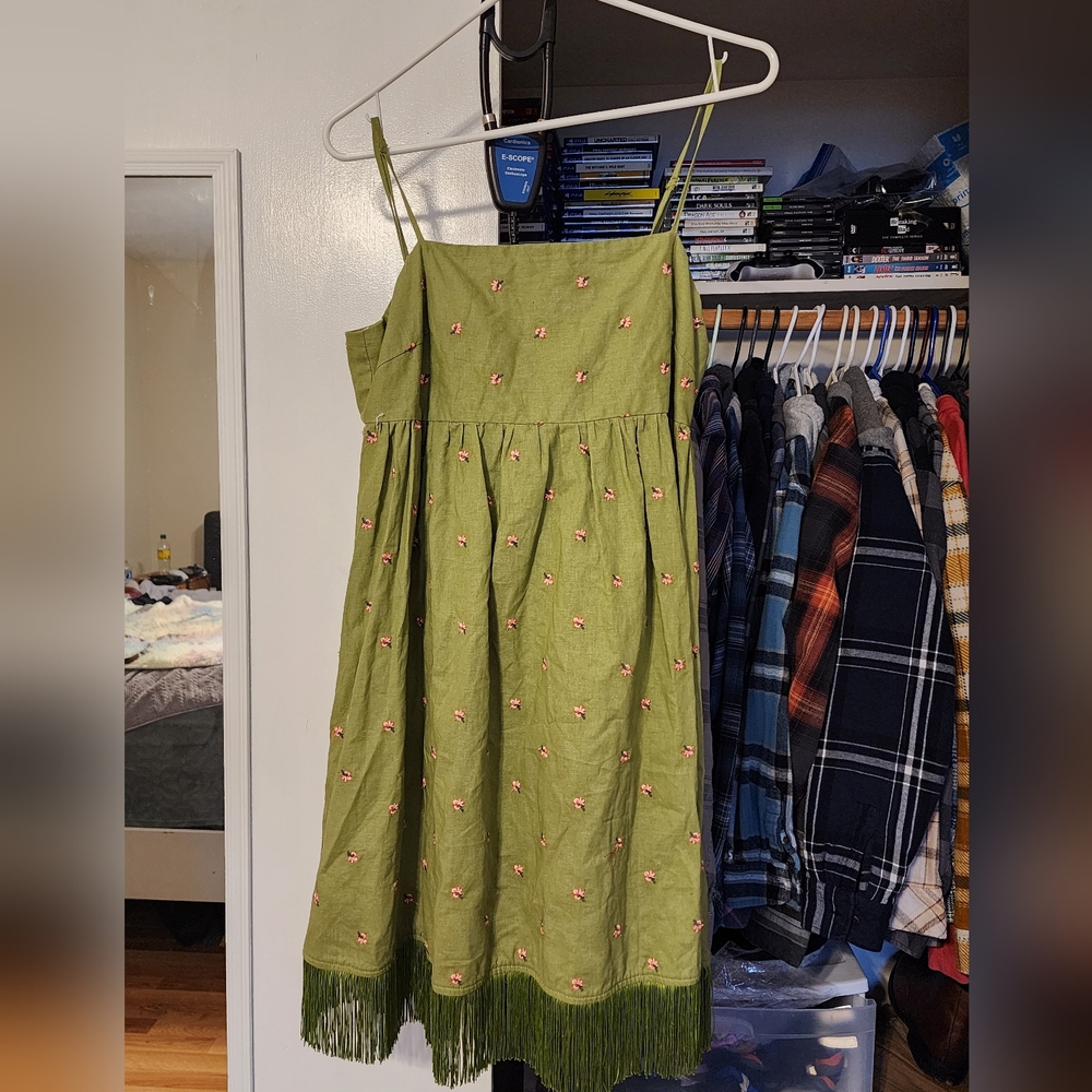 Main Strip Embroidered Floral Army Green Fringe Festival Dress Large